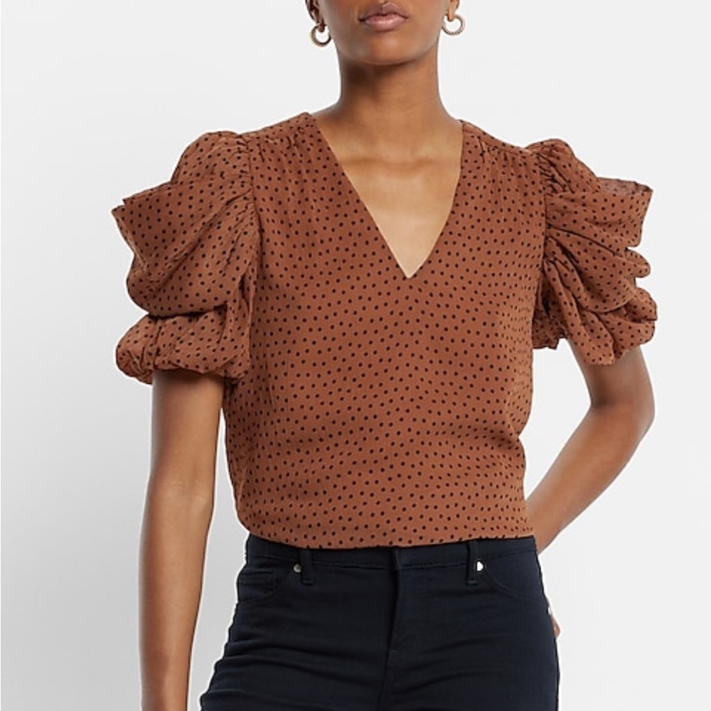 Express Polka Dot V-Neck Puff Draped Sleeve Top - size XL